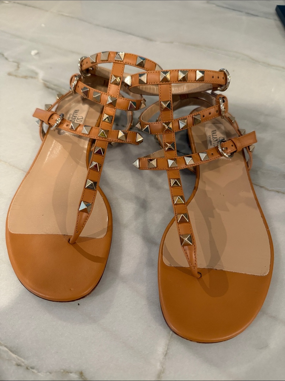 Valentino Garavani Tan Rockstud Leather Strappy Sandals